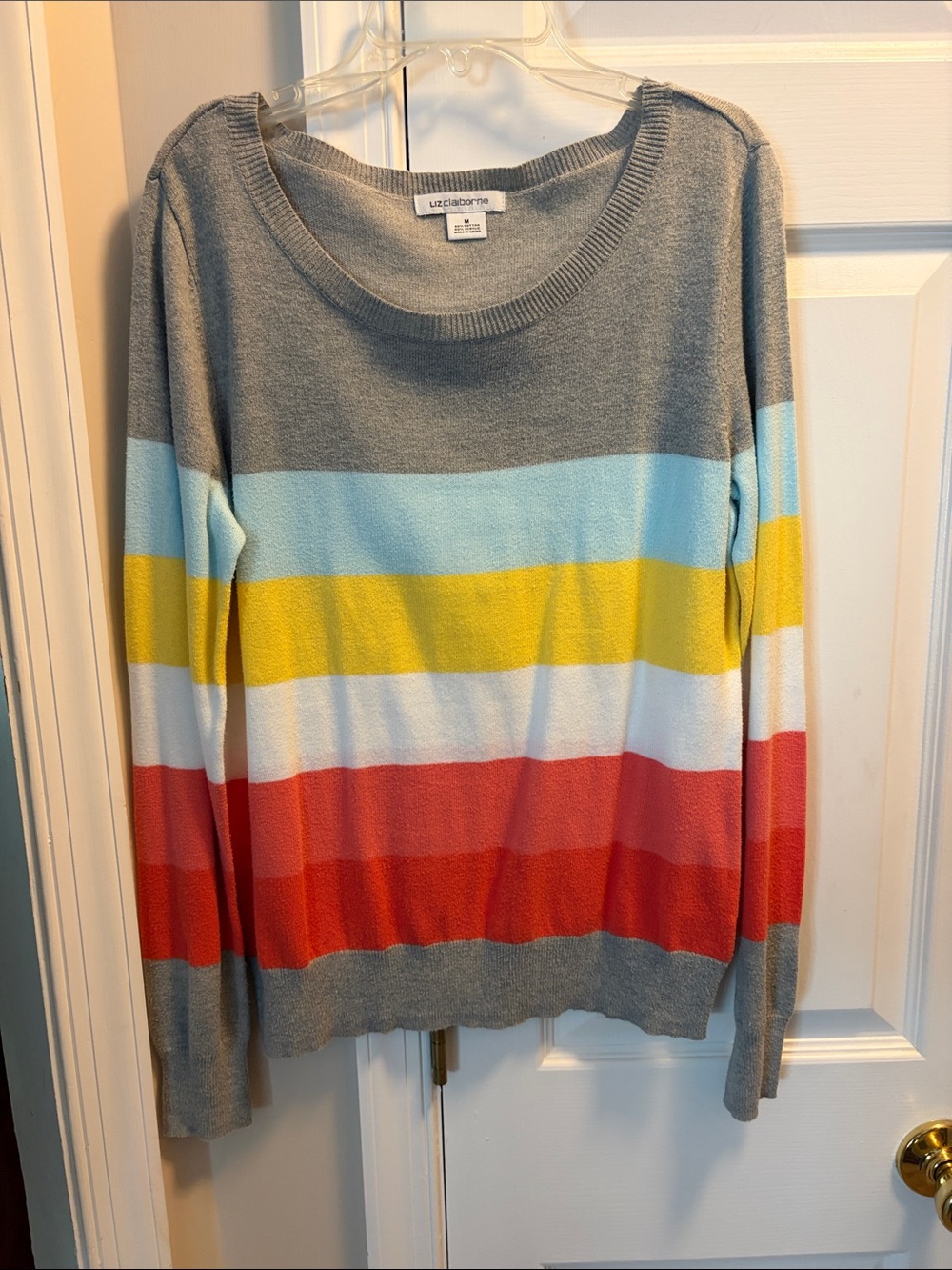 Liz Claiborne Gray Sweater with Blue, Yellow, White, Coral & Red Stripes